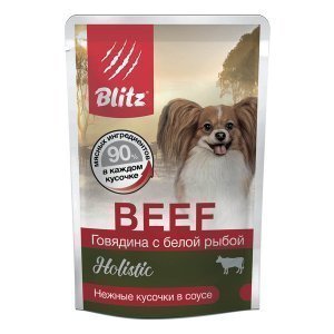 Blitz Holistic Adult Dog Small Влажный корм для собак мелких пород нежные кусочки в соусе Говядина и Белая рыба 85 г